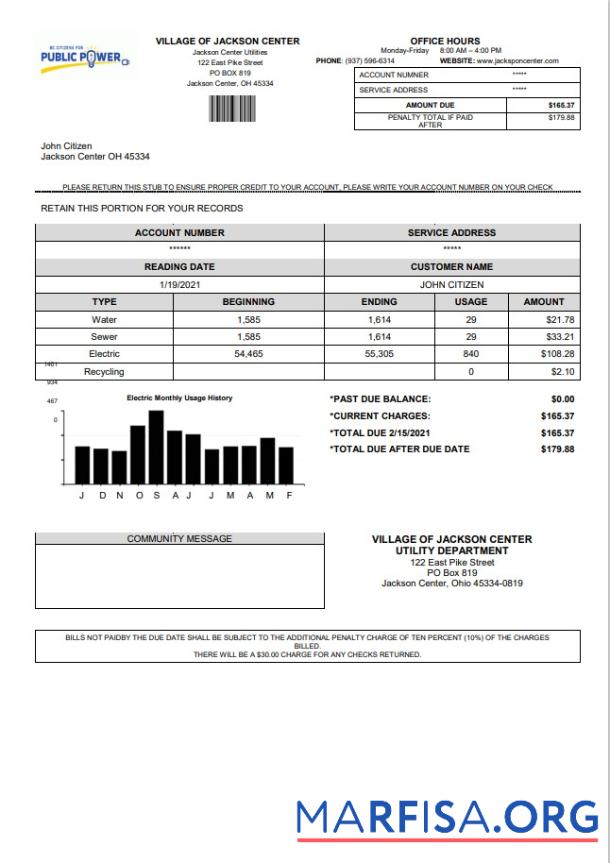 Blank USA Ohio Village of Jackson Center Public Power utility bill template in Word and PDF format